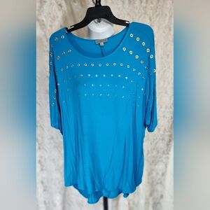 Joseph A  Blue Embellished 3/4 Sleeve Blouse Silver Metal NWOT